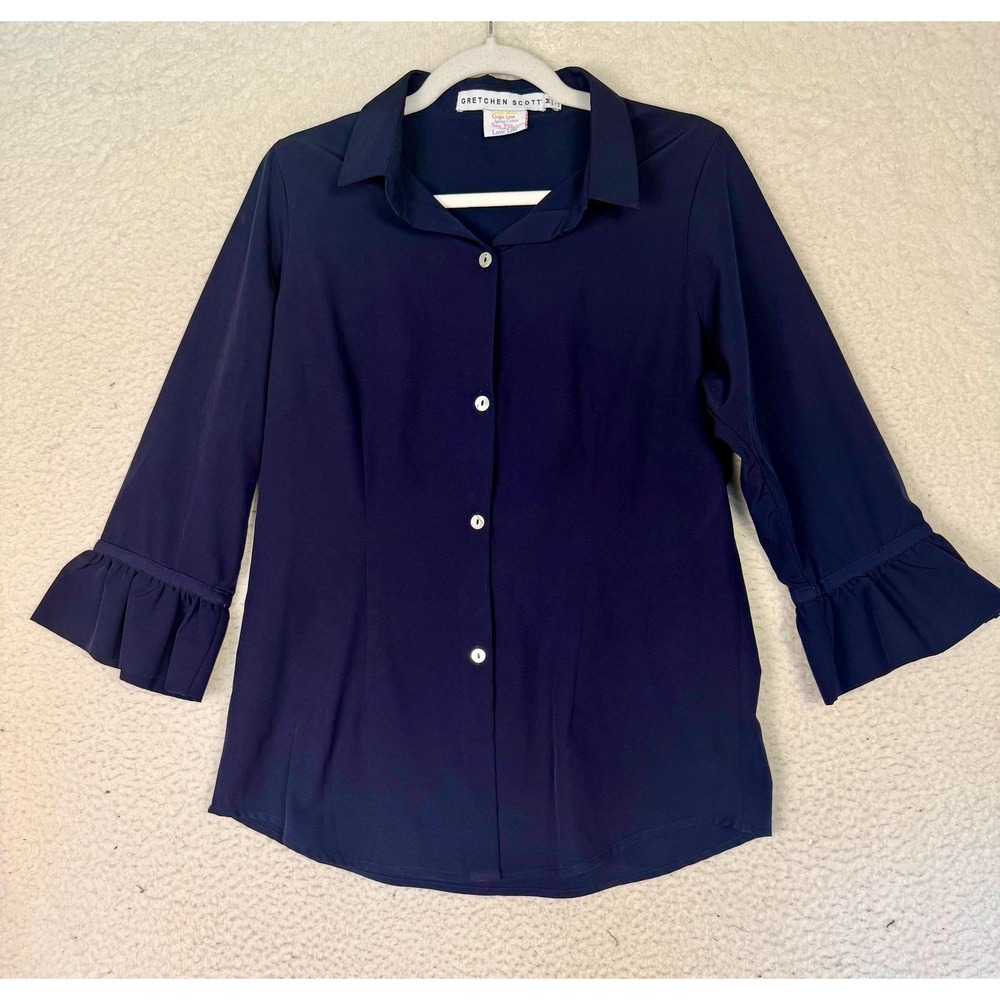 Gretchen Scott Blouse Womens M Navy 3/4 Sleeve Collared Ruffle Business Travel